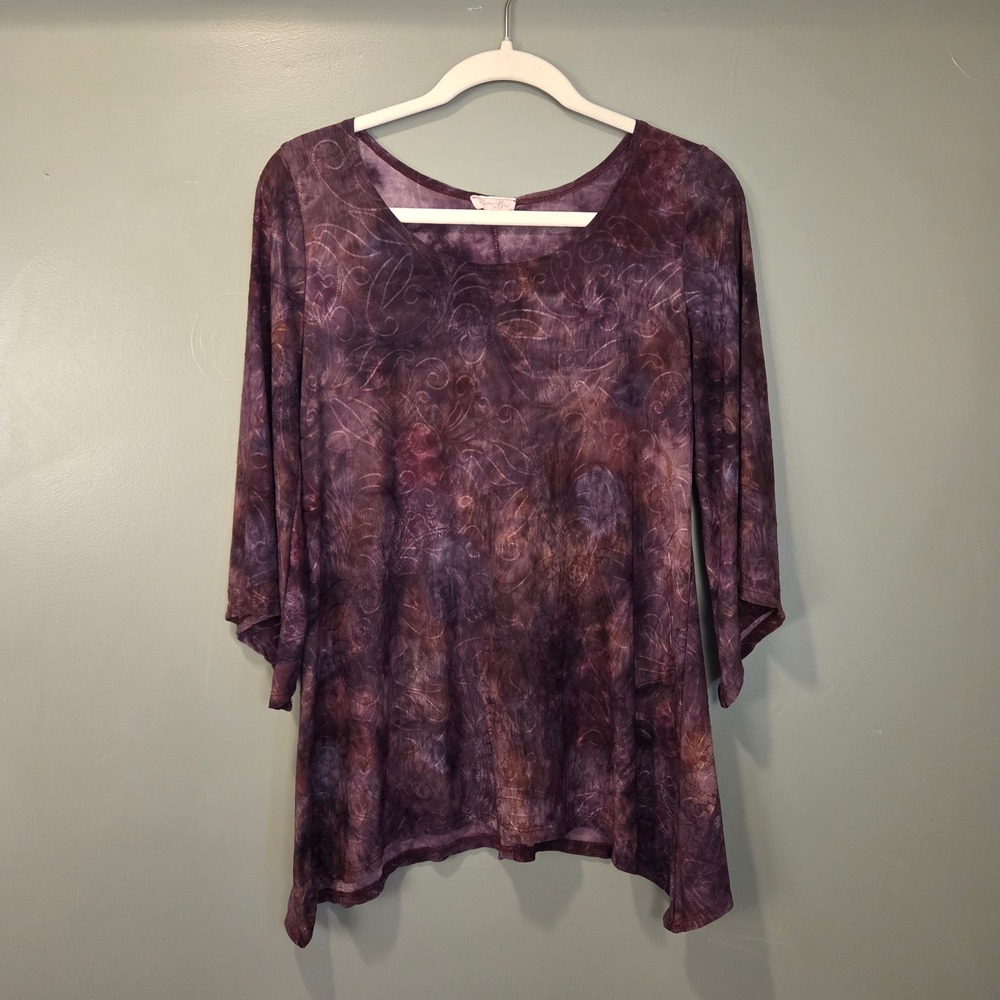 Women's Tie Dye Embroidered 3/4 Sleeve Tunic Whimsygoth Dark Boho‎ 35" Bust